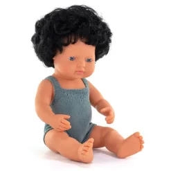 Miniland Black Curly Haired Boy Doll (38cm Caucasian) in Grey by