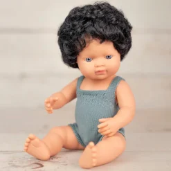 Miniland Black Curly Haired Boy Doll (38cm Caucasian) in Grey by